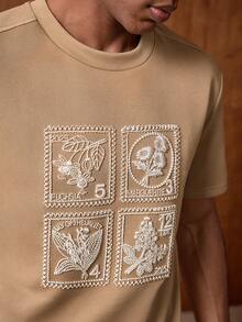 AKNOTIC 男士花卉刺绣图案休闲日常通勤短袖T恤 复古男士印花棕褐色印花T恤 男士米色印花T恤 - 卡其色 - 查看 2