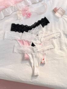 PetitDoll 4件套可爱甜美纯色及樱桃印花蕾丝边女士丁字裤 - 彩色 - 查看 2