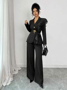 Vestido formal elegante y lujoso para mujer, conjunto de traje con chaqueta de manga larga y pantalón , con cuello de volantes de organza brillante y cinturón, adecuado para Halloween, Navidad, Año Nuevo, ceremonia de graduación, boda, juego de roles, traje de pantalón de color vino tinto y negro para mujer, conjunto de blazer, traje negro para mujer, conjunto de 2 piezas, elegante - Negro - Ver 4