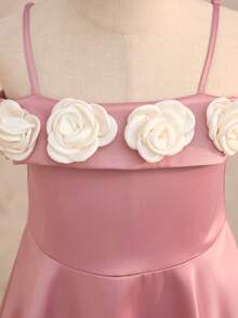 Young Girl Elegant & Cute Pink Floral Spaghetti Strap Off-Shoulder Dress, Birthday Party Dress - Multicolor - View 7