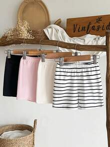 SHEIN Vintaside Kids 4pcs Set Girls Casual Solid & Black Fine Stripe Print Shorts, Pink, Black, White Stripe, Suitable For Summer Holiday Vacation Everyday Wear. Cute, Fashionable, Sweet And Charming, Made With Soft Comfortable Fabric And Playful Casual Style. Ideal For Beach Vacation, Park Outing, Daily Wear, Holiday Gatherings, First Birthday Parties, Sightseeing, Photoshoots, And Multiple Occasions. Perfect For Spring/Summer Wear - White - View 3
