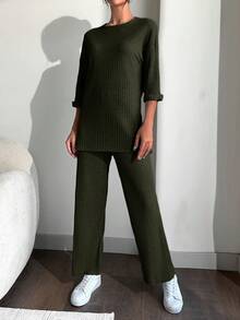 EURMUSE 100%Cotton Drop Shoulder Tee & Wide Leg Pants - Dark Green - View 4
