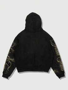 ROMWE MEN Street Life Spring Casual Graphic Men'S Street Slogan Print Zip Front Drawstring Hoodie Sweatshirt - Black - View 2