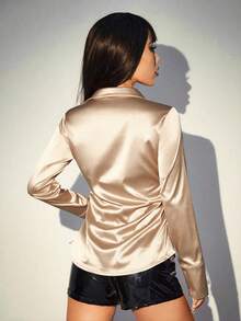 SHEIN ICON Black Solid Button Front Satin Shirt - Apricot - View 2