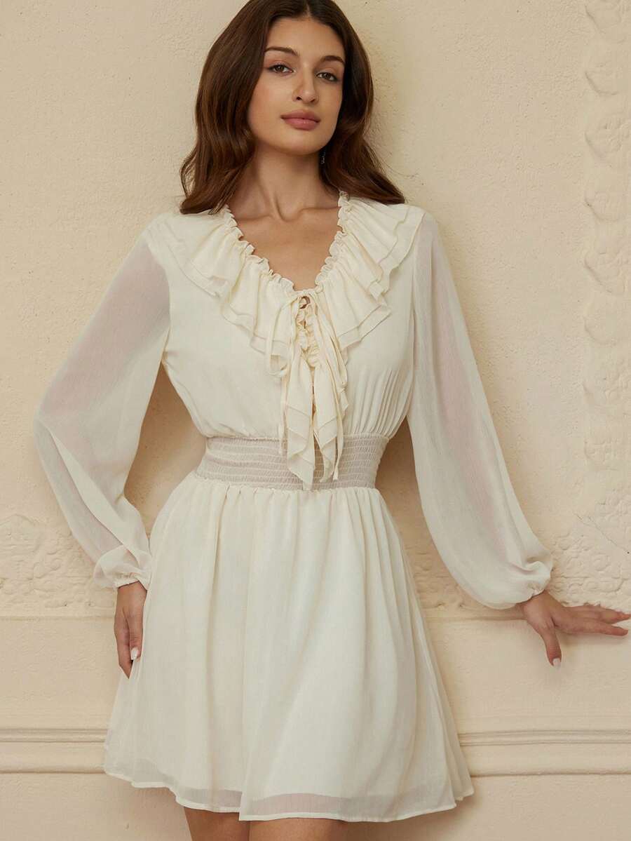 Revavyn Classic Fashionable Retro Chiffon Mini Dress, Elastic Waist With Flared Skirt, V-Neck, Multi-Layer Ruffle Collar With Tie, Long Sleeve Lining, Versatile For Work And Occasions - Beige - View 1