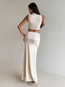 Aloruh 女士新款情人节套装，杏色，珍珠链饰，性感优雅奢华浪漫派对装，约会装，两件套 - 杏色 - 查看 3