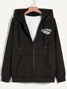 Hombre005 Nueva chaqueta con cremallera, sudadera con capucha diseño trendy, cómoda y duradera, opción preferida para regalos, prenda masculina versátil, envío desde México Chaqueta de capucha con cremallera negra con estampado de "CALIFORNIA" que ofrece un estilo atemporal y cómodo para cualquier ocasión - Negro - Ver 1