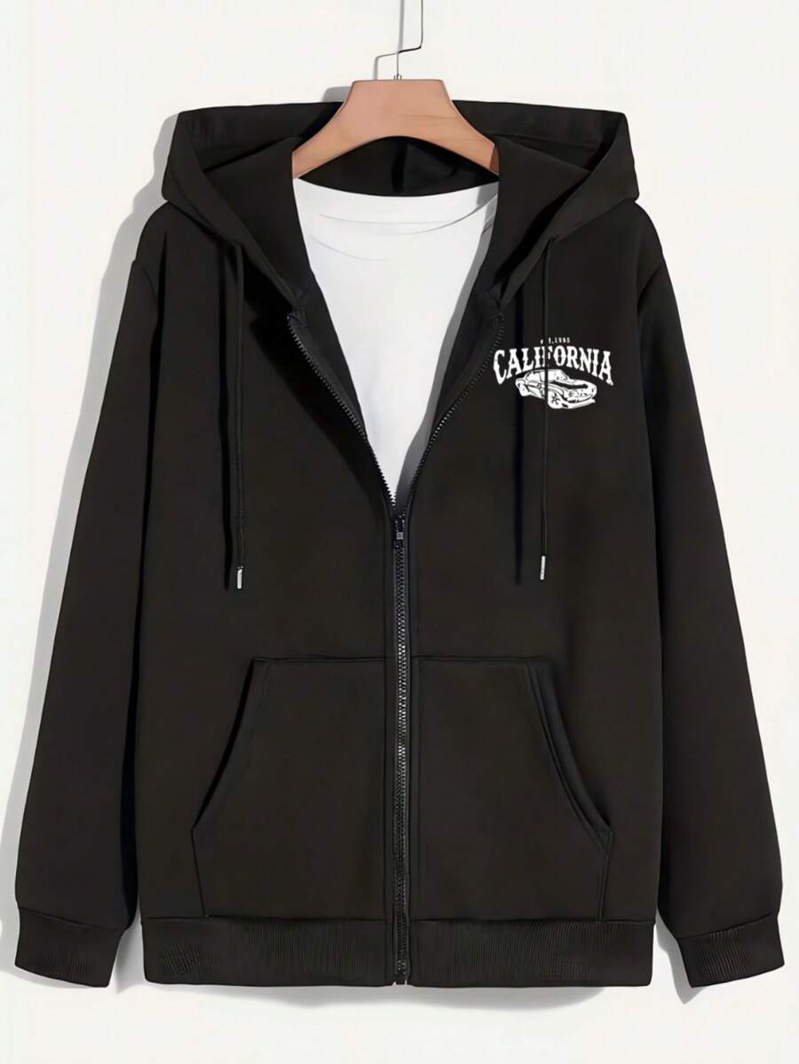 Hombre005 Nueva chaqueta con cremallera, sudadera con capucha diseño trendy, cómoda y duradera, opción preferida para regalos, prenda masculina versátil, envío desde México Chaqueta de capucha con cremallera negra con estampado de "CALIFORNIA" que ofrece un estilo atemporal y cómodo para cualquier ocasión - Negro - Ver 1