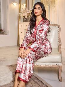 SHEIN 印花缎面拼接开襟长袖女士睡衣套装 - 紅色 - 查看 1