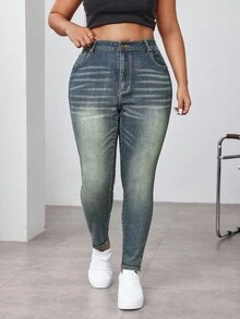 SHEIN ICON 大码女式高腰口袋修身休闲百搭牛仔裤 - 藍色 - 查看 4