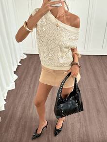 Siren Gaze Elegante chaleco de punto con lentejuelas brillantes para mujer, de manga corta y corte holgado, top glamoroso para primavera y verano, San Valentín, carnaval, salir, fiestas y uso casual, con brillo - Albaricoque - Ver 2