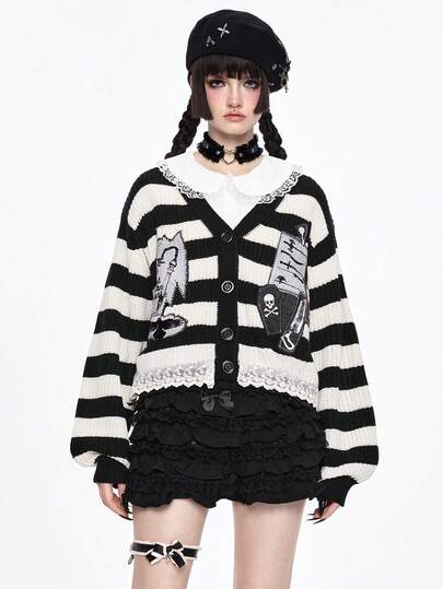 Goth Cardigan ampio da donna in stile Y2K, gotico scuro, con motivi a righe, patchwork, linee di cucitura, teschi, pipistrelli, corvi e seghe, con bordo in pizzo, adatto per l'autunno/inverno