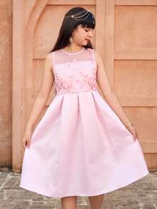 Robe rose à finition satin élégante pour grandes filles, convenant pour les fêtes d'anniversaire, les célébrations familiales et les occasions formelles, été - Rose bonbon - Voir 3