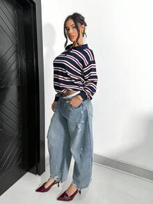 Shopreo Women's Autumn Retro Striped Turtleneck Sweater - Navy Blue - View 5