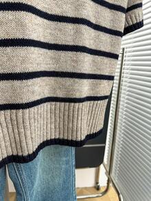 Franclia 新款春夏韩版休闲宽松个性条纹撞色针织女式上衣 - 卡其色 - 查看 7