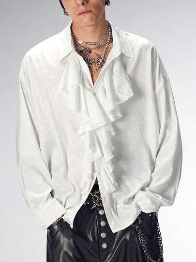 Street Life Chemise décontractée à manches longues minimaliste de couleur unie avec bordure à volants pour hommes