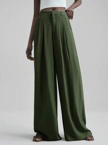 Ontre Quần ống rộng xếp ly dáng suông nữ mùa Xuân/Hè 2026, thích hợp cho đi làm, công sở, thường ngày, văn phòng, giảng dạy, dã ngoại, những dịp trang trọng, đi biển, kỳ nghỉ, trang phục công sở. - xanh quân đội - Xem 3