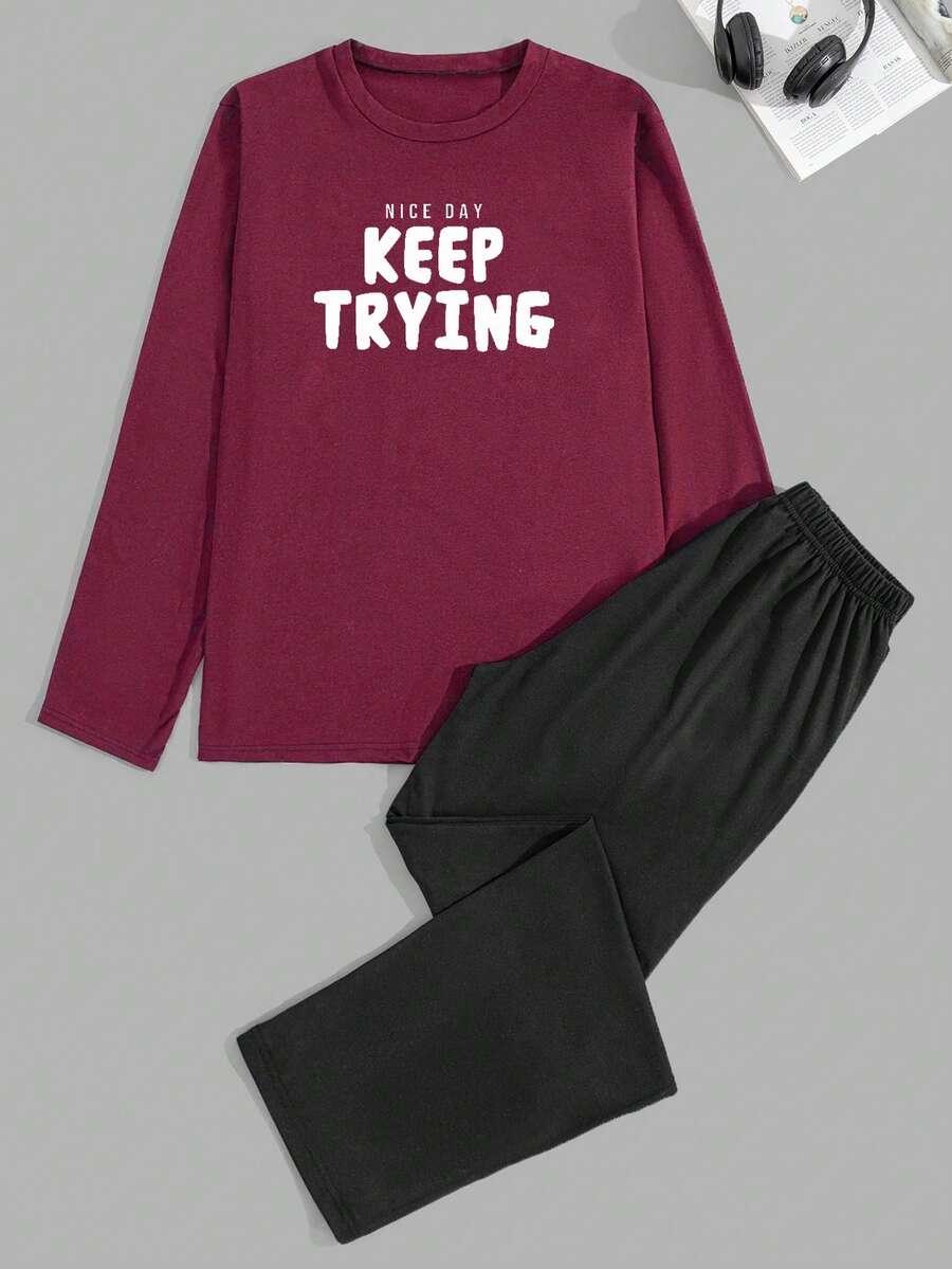 EURMUSE Men's Casual Comfortable Printed Long Sleeve T-Shirt And Pants Pajama Set - Burgundy - View 1