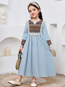 SHEIN Young Girls' Blue Print Patchwork Tassel Robe, Middle Eastern Holiday Party Outfit, Traditional Arabic Abaya Robe