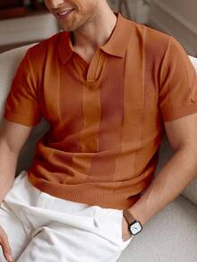 RivetRise Men's Striped Short Sleeve Loose Casual Half-Zip Knit Sweater Men Knit Shirt Men Buttoned Knitted Polo Rust Color Men's Shirt Brown Tops For Men Polo Shirts For Men Collar - Coral Orange - View 4