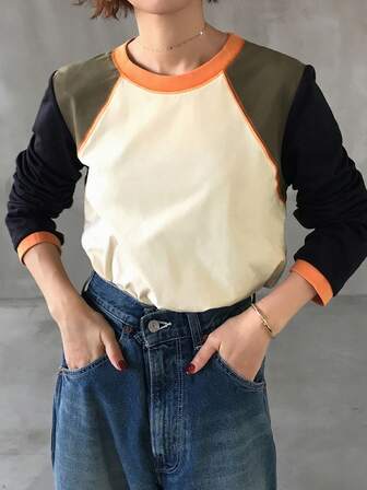 FRIFUL Camiseta de manga larga de color block casual para mujer, otoño