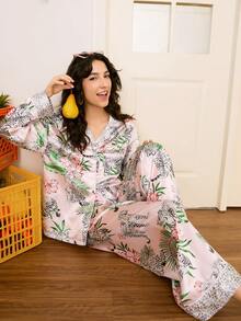 Chillnights 休闲豹纹印花缎面翻领长袖宽松阔腿睡衣套装，女士秋季睡衣 - 彩色 - 查看 6