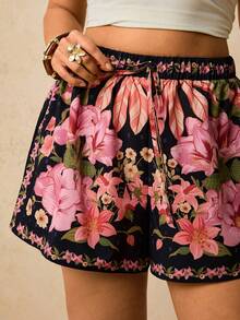 Travachic Plus Size Floral Print Drawstring Waist Tied Knot Summer Casual Vacation Shorts, Comfy Shorts, Flowy Shorts, Summer Outfits, Summer, Summer Outfits For Women, Beachwear, Beach Outfits For Woman, N, Tropical Floral Shorts, Casual Woman Style, Fall Outfits For Women, Chic Autumn, Going Out Outfit, Elegant Outfits, Concert Outfit Women, BOHO Floral Print Shorts - Black - View 7