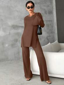 EURMUSE Cotton Solid Split Hem Tee & Flare Leg Pants - Chocolate Brown - View 4