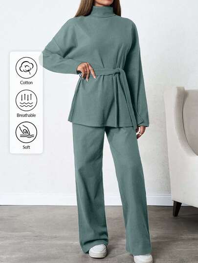 SHEIN Tall 100% Cotton Solid Color Turtleneck Casual Sweater 2pcs/Set