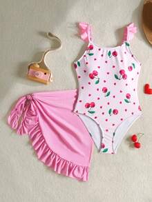 SHEIN Girls' Cute Cherry Heart Print Frill Sleeve One-Piece Swimsuit With Mesh Cover-Up, 2pcs Set, Pink - Pink - View 3