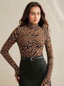 Anewsta Velvet Burnout Sheer Long Sleeve Fitted Top - Brown - View 5