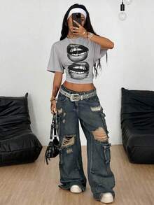 Coolane 女士唇印圆领短袖休闲T恤 - 淺灰色 - 查看 5