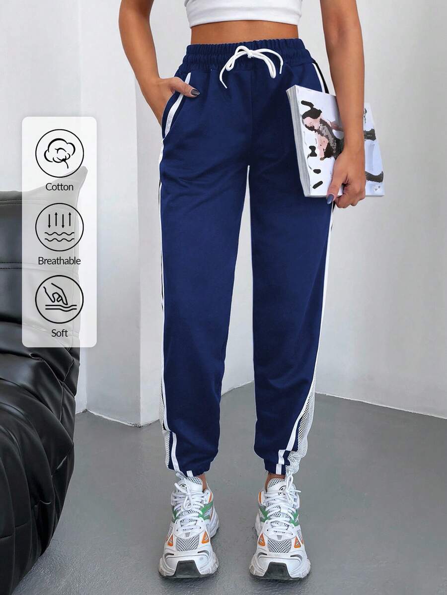 SHEIN Cottnline Spodnie dresowe z 95% bawełny, kontrastową taśmą i ściągaczem w pasie oraz ukośnymi kieszeniami