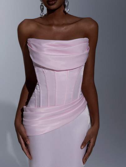 Elitara Fashionable & Playful Pink Cold-Shoulder Ruched Waist Pleated Design Vintage Fit & Flare Cocktail Dress, Suitable For Various Occasions