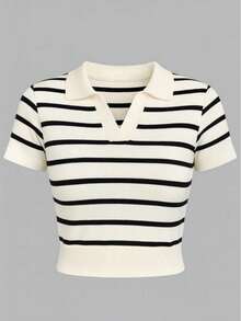 blusa top cuello polo rayas top corto moderno - Blanco - Ver 4