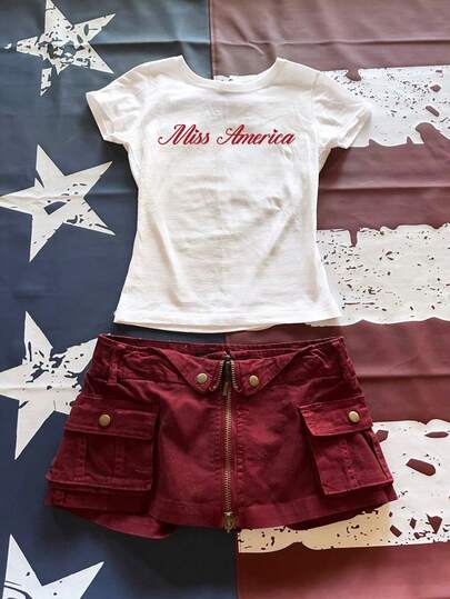 Glimmora Camiseta casual de mujer con estampado gráfico de letras, blanca, nueva llegada de verano, ropa urbana, al aire libre, festival, versátil y elegante camiseta de manga corta