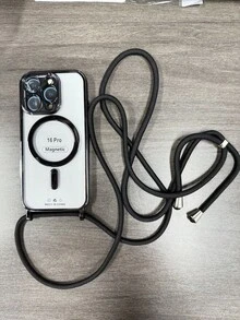 奢华斜挎项链挂绳电镀透明手机壳，兼容 17 Air 16 E 16 15 14 13 12 Pro Max 11，亮面磁吸无线充电保护套 - 黑色 - 查看 16