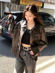 DAZY 女士PU皮革纯色休闲长袖百搭街头风外套 - 黑色 - 查看 6