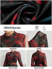 Maija Plus Size Women Rose Floral Sheer Blouse, Long Sleeve Fitted Top Spring To Summer Spring Outfit Womenvalentine's Day Carnival Fasching Women Costume Party Beach Wedding Vacation Casual - Red - View 8