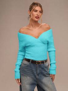 SHEIN BAE 1pc Women's Solid Color Off-Shoulder Long Sleeve Fitted Sweater Teal