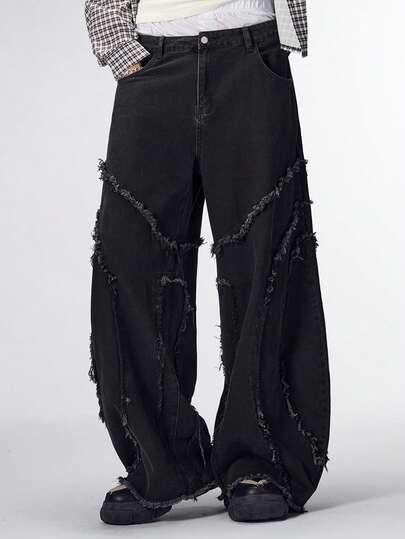 Jeans vaqueros casuales y de moda para hombre con bolsillos en diagonal, ajuste holgado y dobladillo deshilachado