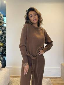 RebeccaVibe Brown Sweater Fall Women Clothes Old Money Autumn Women's Solid Color Round Neck Raglan Sleeve Long Sleeve Sweater And Drawstring Waist Knit Pants Casual Suit Brown Two Piece Set Comfortable Two Piece Set, - Camel - View 3