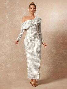 Lumalex 女士优雅性感酒红色不对称领交叉褶皱腰部开衩下摆长袖修身连衣裙，春夏款 - 杏色 - 查看 9