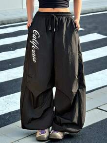 Muchica 女士美式街头字母印花宽松裤 - 黑色 - 查看 4