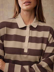 WESTFADE Striped Waffle Knit Long Sleeve Mini Polo Dress - Coffee Brown - View 5