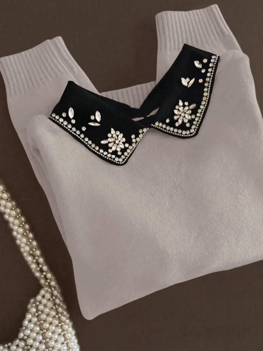 Franclia 复古优雅二合一针织毛衣,饰有钻石图案,翻领,长袖,休闲日常穿着,返校季,秋冬季佳选。 - 杏色 - 查看 1