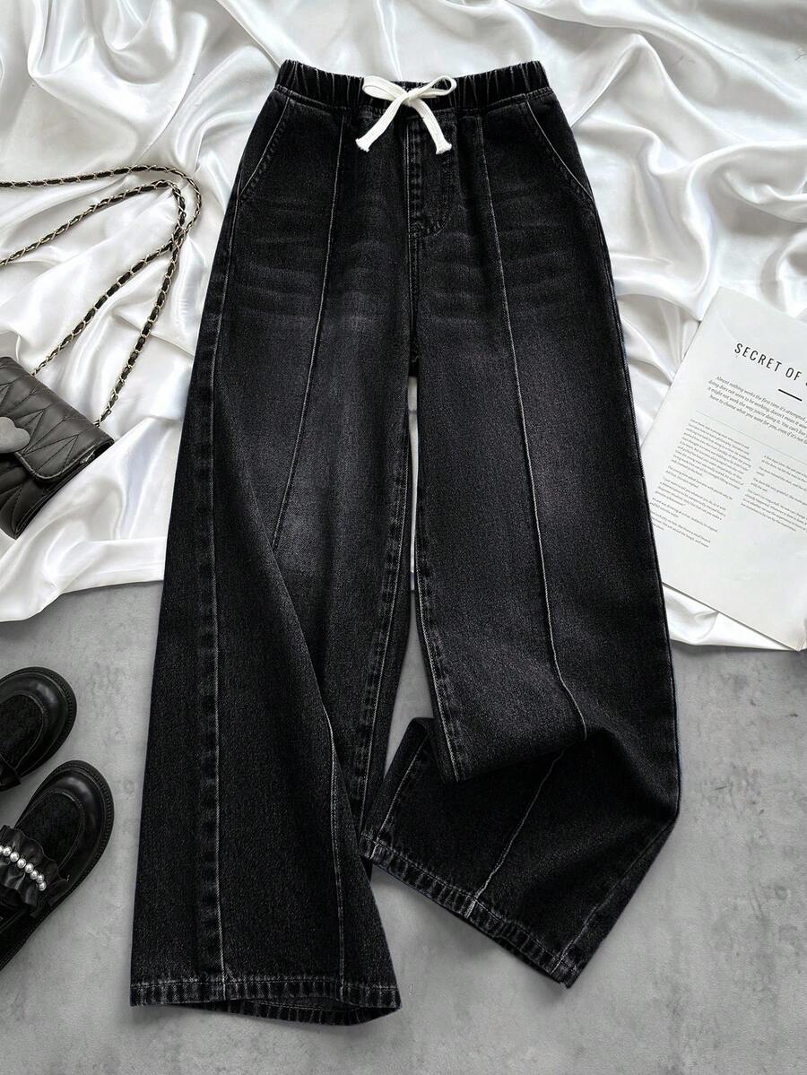 SHEIN 少女纯色休闲牛仔裤 - 黑色 - 查看 1