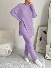 EURMUSE 100%Cotton Women's Solid Color Striped Round Neck Top And Pants Two Piece Set - Lilac Purple - View 3