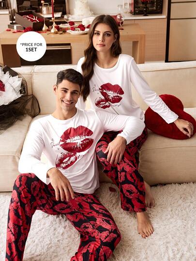 CoupledUp Lip Print Contrast Color Knit Long Sleeve Men Pajama Set