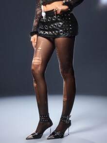 ROMWE Avant Spring/Summer Carnival Party Casual Black Holiday Party Sexy Metallic Studded Super Low Waist Mini Shorts - Black - View 6